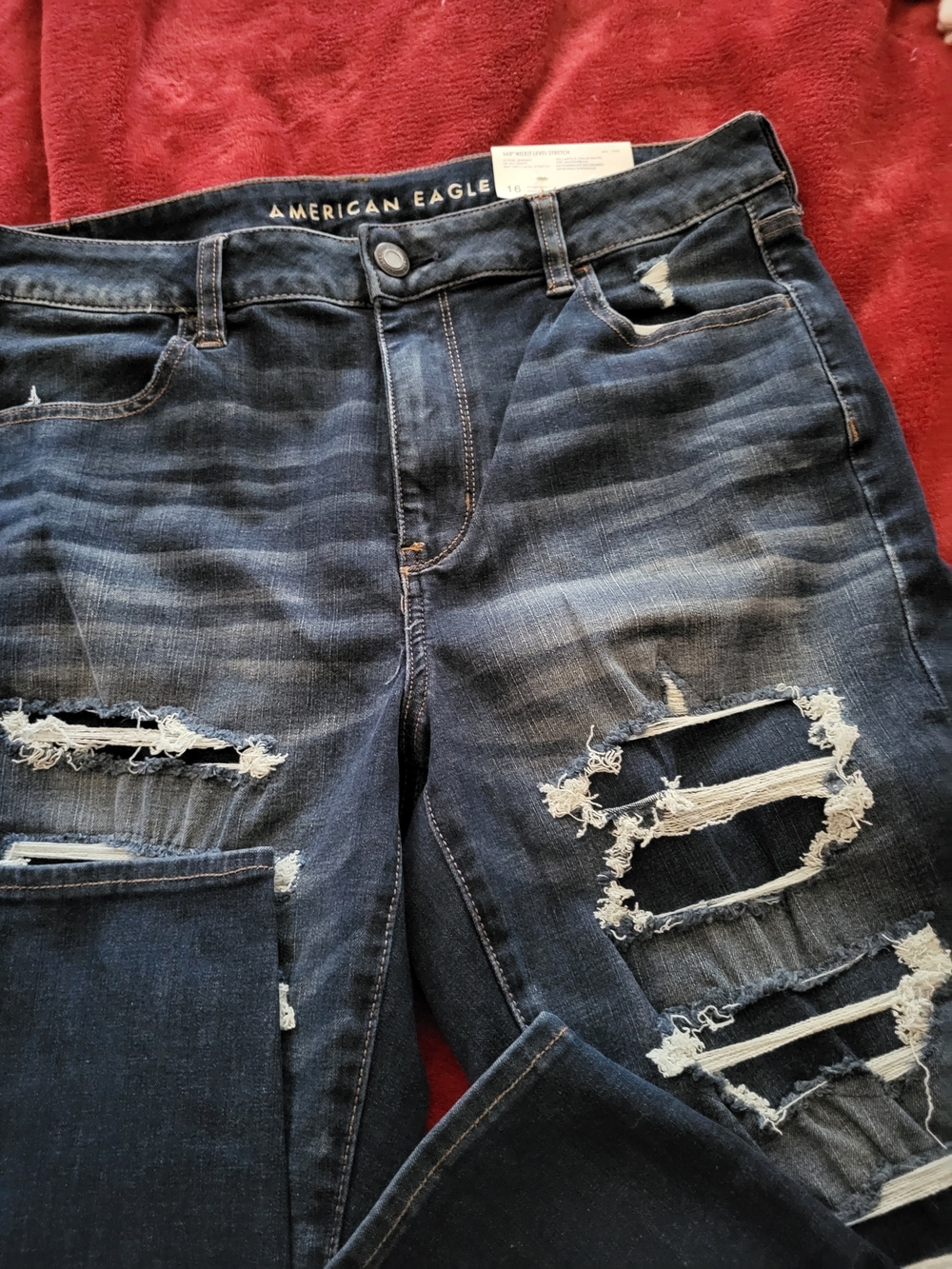 American Eagle Dark Wash Distressed Ripped Jeans~High Rise~Size 16~NWT.
